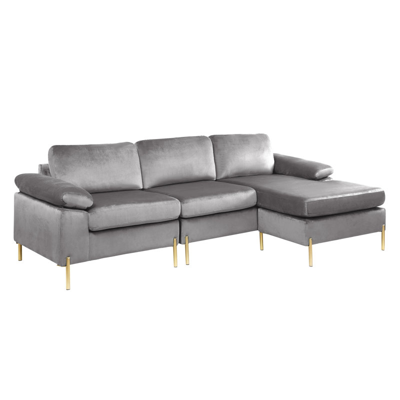 Luxe Shannon Velvet Modular Sectional with Extended Chaise Lounge, Gray Fabric