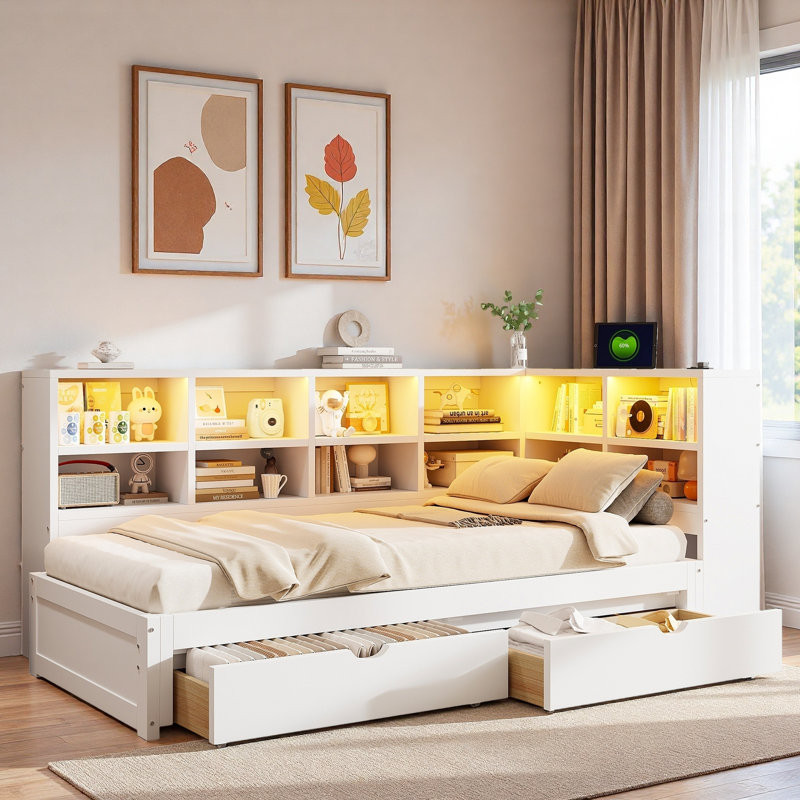 Modern Daybed With 2 Storage Drawers, Storage Cabinets, Led Light And Usb Ports, White