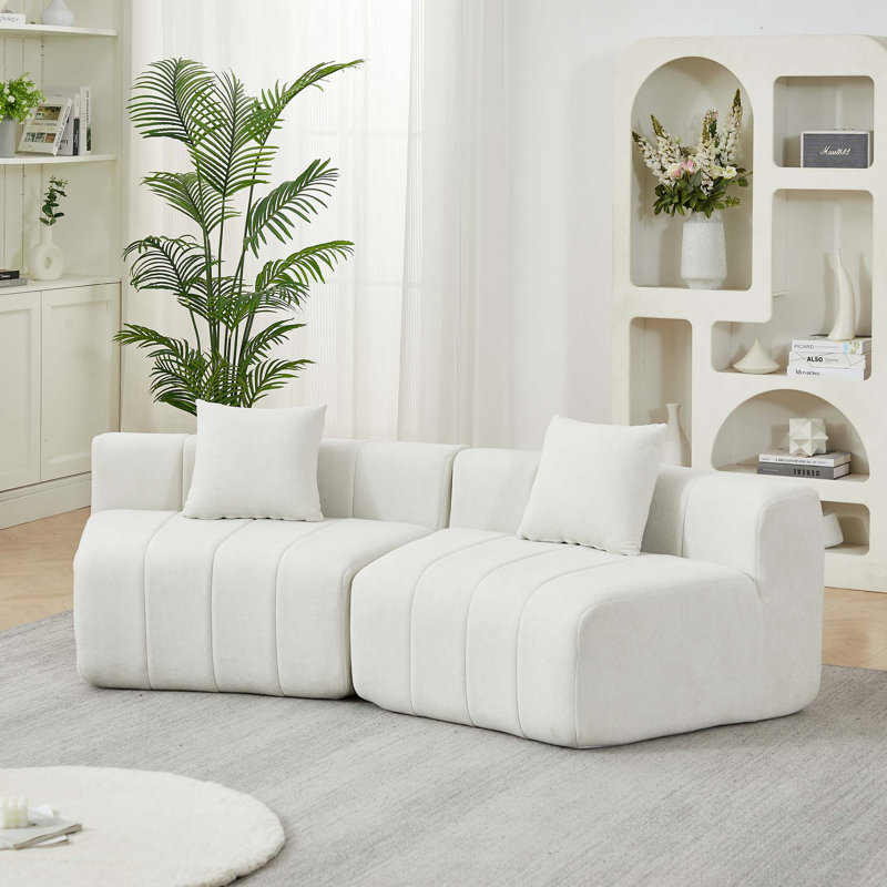 Canapé modulaire incurvé chenille avec 2 coussins Chenille, Chenille beige