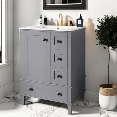 Meuble-lavabo moderne en bois gris avec rangement, caractéristiques de fermeture en douceur