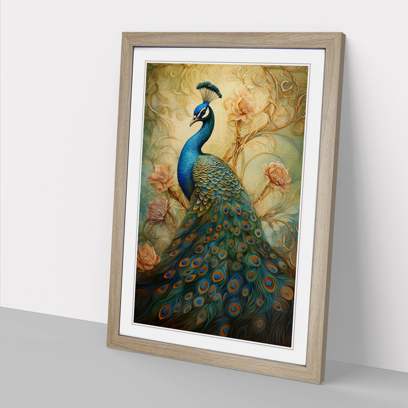 Peacock Tachisme - Single Picture Frame Print on Wood, 46cm H x 34cm W x 2" D, Oak Framed