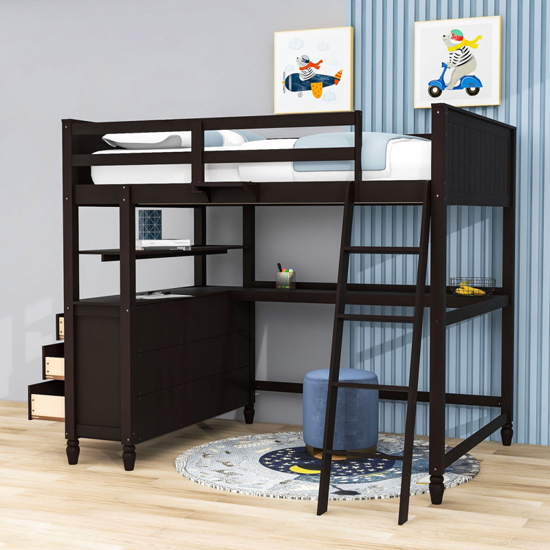 Gibrian Full 6 Drawers Wood Loft Bed with Built-in-Desk and Shelves by Harriet Bee, Espresso
