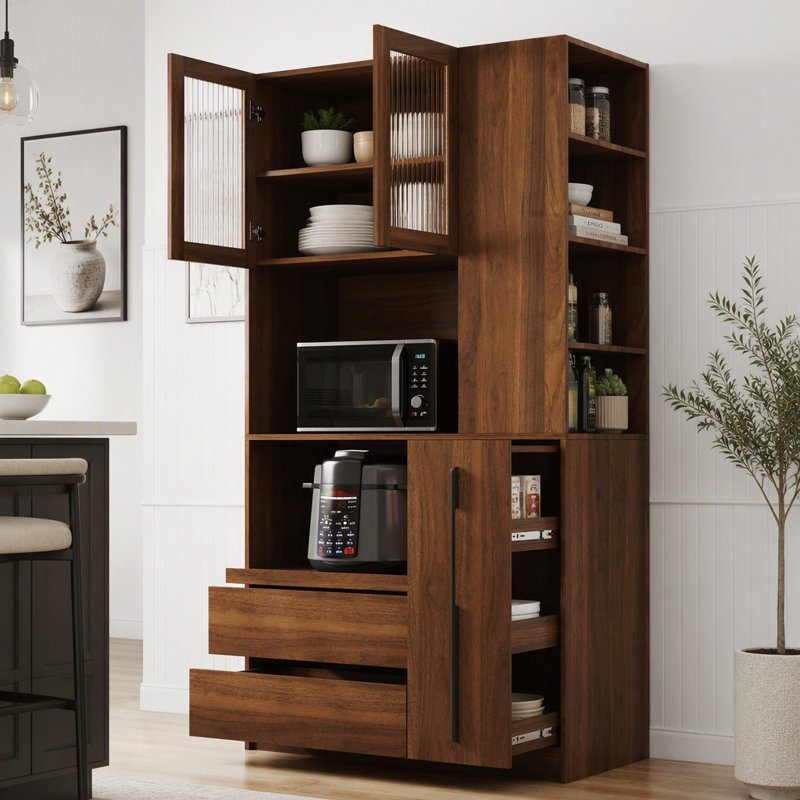 Armoire de cuisine haute avec tablette coulissante, tablette latérale à 4 niveaux et tiroirs