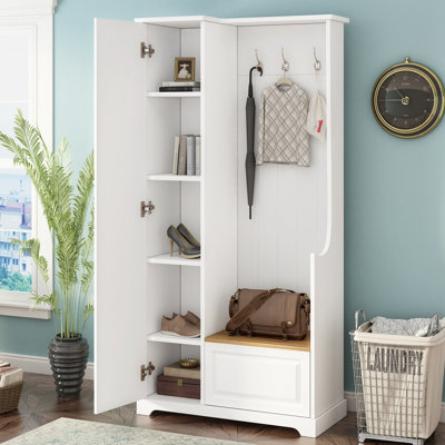 Élégant portemanteau avec banc escamotable, armoire à chaussures minimaliste pour couloir, tablettes réglables, support de vestibule multifonctionnel pour hall d'entrée avec crochets de suspension, blanc