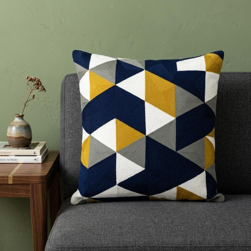 Tringo Blue Geometric 20" x 20" Embroidered Decorative Throw Pillow