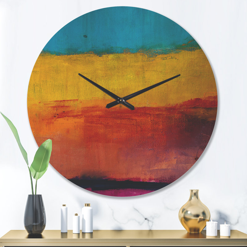 Jaune, bleu, orange, peinture abstraite, horloge murale moderne en bois, Grand