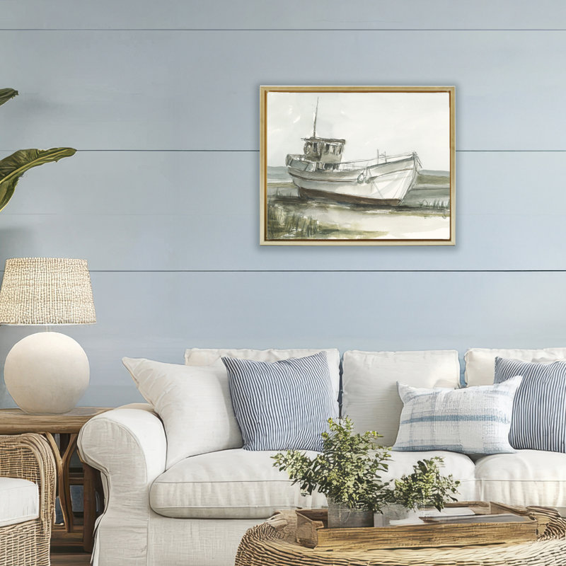 Cadre flottant pour bateau de pêche abandonné, design par Ethan Harper, H 17 po x l 21 po, Cadre flottant métallique doré
