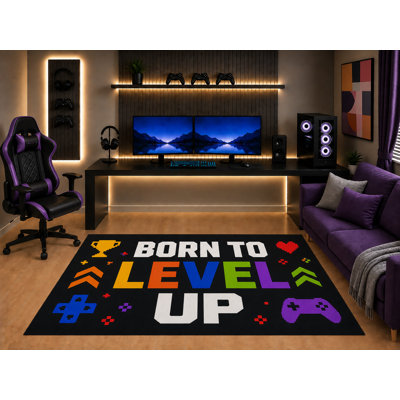 Tapis « Ultra Léger » 152 x 213 cm (5 pi x 7 pi) « Born to Level Up » - Motif graphique rétro pixélisé inspiré des jeux vidéo - Idéal pour une chambre d'ado, une salle de jeux ou une salle de loisirs - Dos en silicone antidérapant - Poils courts