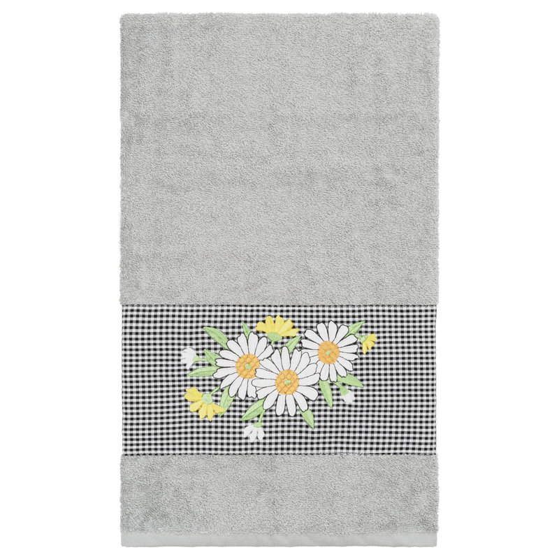 100% Turkish Cotton Daisy Embellished Towel Set, Light Gray, 1 Piece Hand Towel