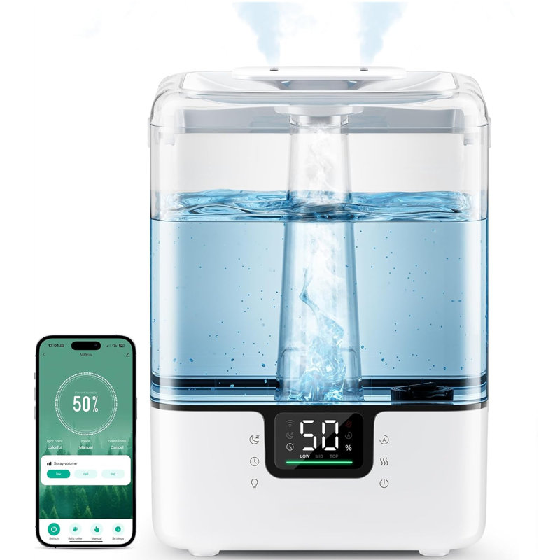 Humidificateur intelligent 6L avec application et commande vocale - autonomie à double buse 50H pour une grande pièce, affichage à DEL avec indicateur de confort, veilleuse 7 couleurs et aromathérapie, capteur d'humidité automatique