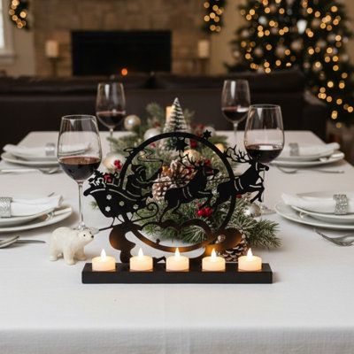 Black Metal Christmas Candle Holder with Santa and Reindeer Design