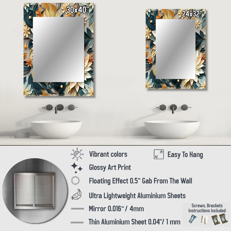 Crosswall Attenant Stillness of Mind Floral Gardens - miroir mural floral, miroir décoratif floral, impression d'art en métal