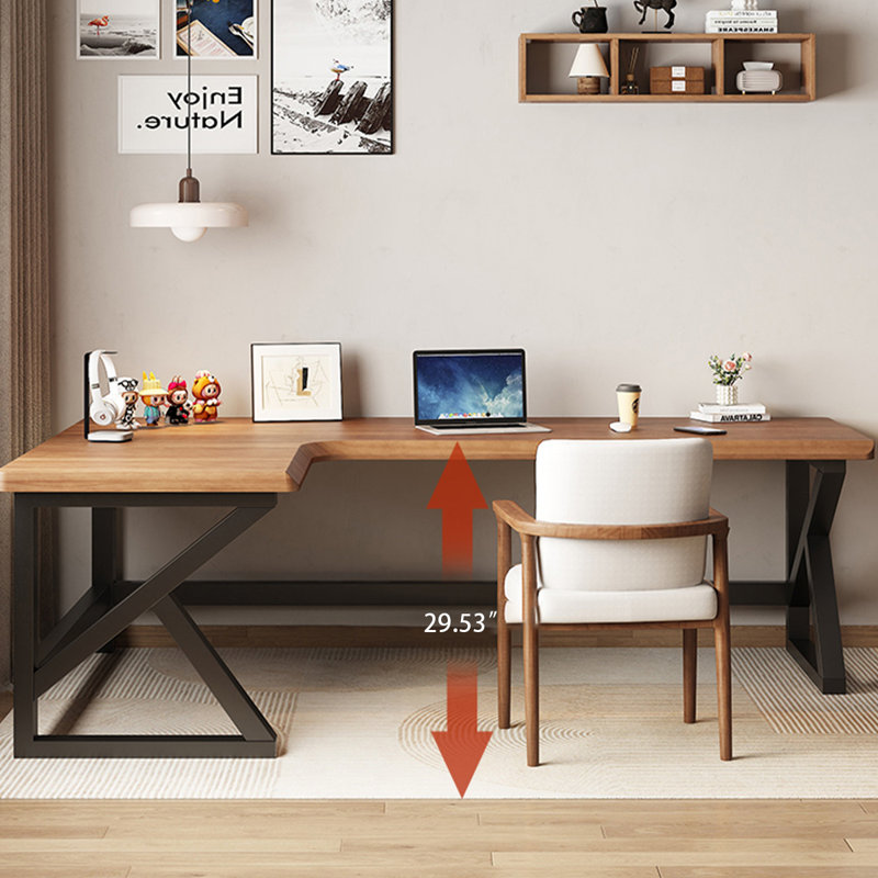 Noyer clair + bureau en bois massif en forme de L noir + fer, H 29,53 po x l 78,74 po x P 47,24 po, Retour à gauche