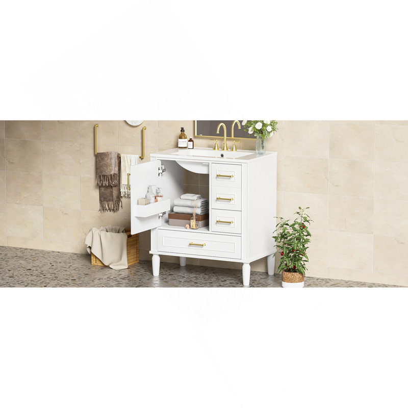 Meuble-lavabo de 30 po avec lavabo en céramique, porte à fermeture en douceur avec tablette intégrée, tiroir profond, tiroir standard, grand tiroir diviseur, grande armoire de rangement pour la salle de bain, design moderne et fonctionnel
