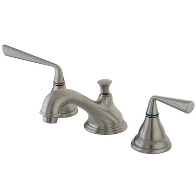 Kingston Brass Silver Sage Two-Handle 3-Hole Deck Mount Widespread Bathroom Faucet with Brass Pop-Up Drain