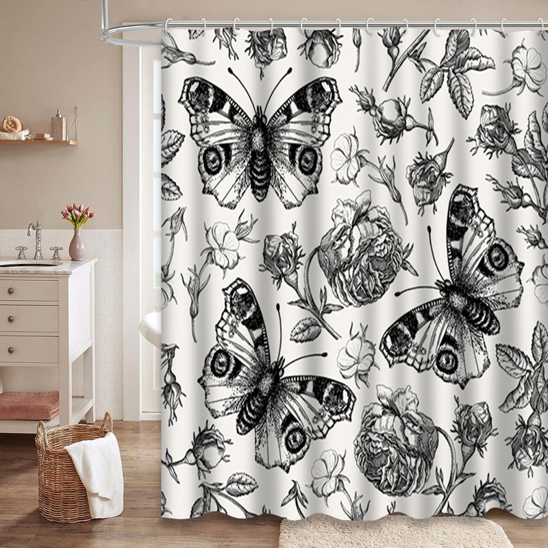 Rideau de douche avec 12 crochets Butterflies Peacock Flowers Roses, L 72 po x l 72 po