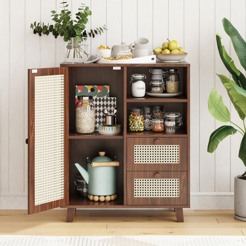 Buffet en rotin avec tablette réglable, buffet avec tiroirs, Noyer