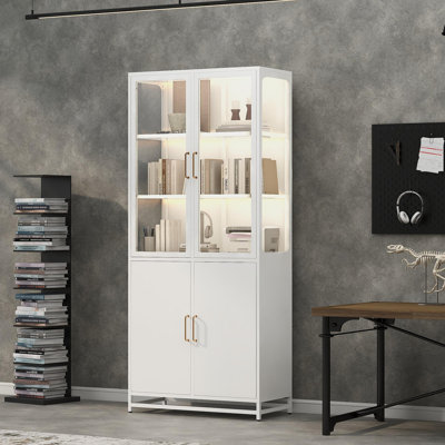 Vitrine de 76,75 po de hauteur, avec portes en verre et lumières DEL, armoire vitrée en acier avec verre à 3 côtés, garde-manger avec rangement pour les couloirs, salon, cuisine, décoration intérieure et bureau - blanc