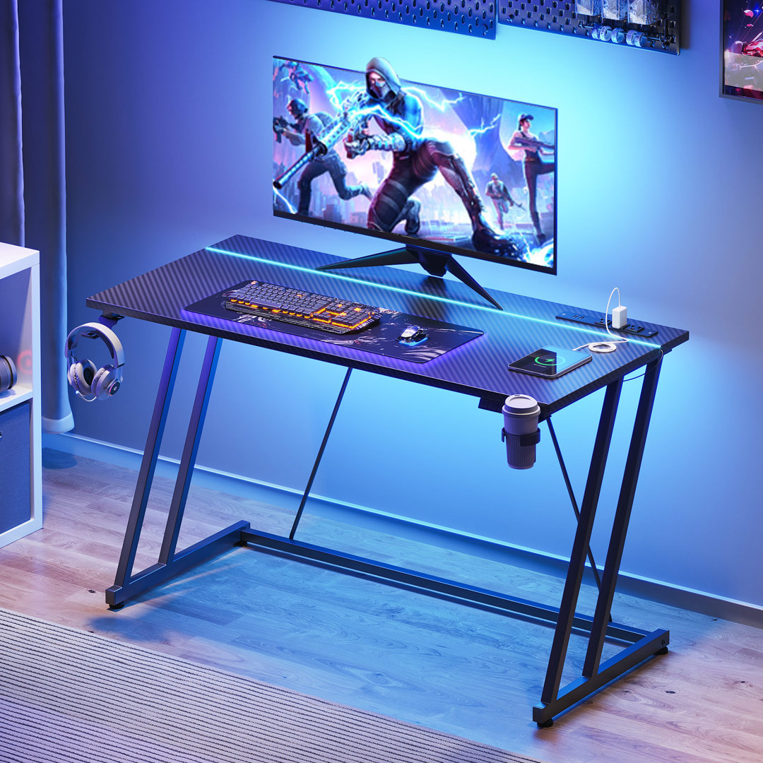 Maryama Gaming Desk with Built-in LED Lights,Computer Desk with Outlets & USB Ports,Writing Desk with Cup Holder,Hook & Imitation Carbon Fiber Board Inbox Zero