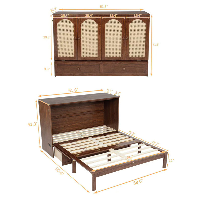 Lit escamotable, armoire en bois de pin avec centrale électrique et panneau de décoration en rotin, noyer