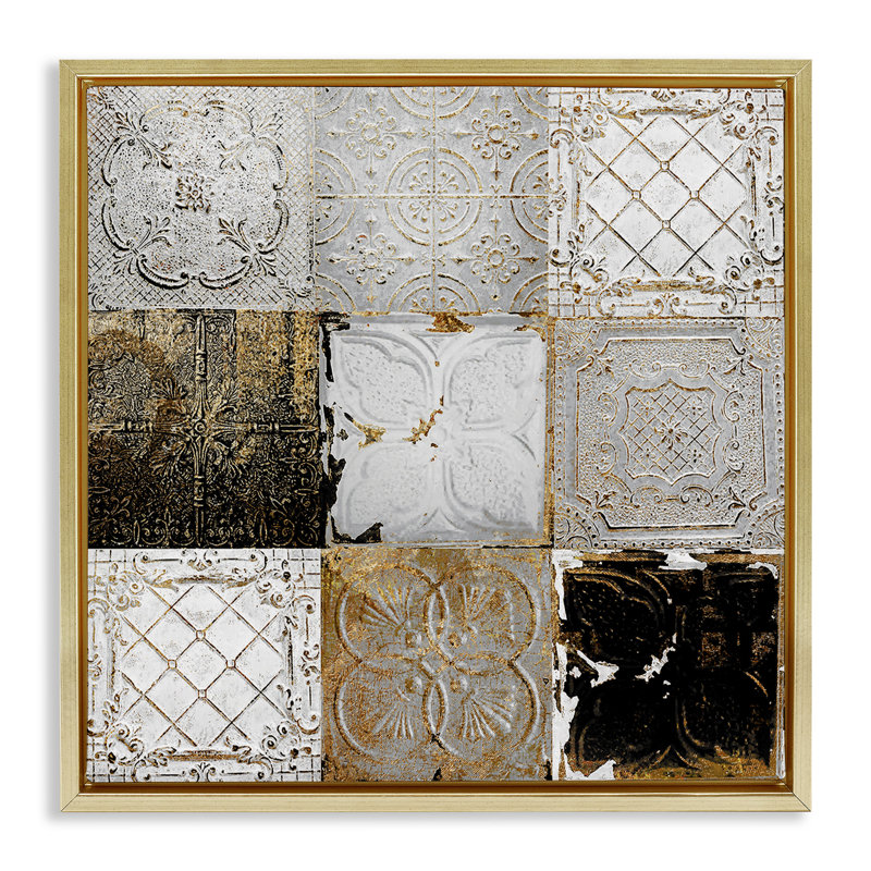 Collage de tuiles de plafond antique, Cadre flottant métallique doré, H 25 po x l 25 po