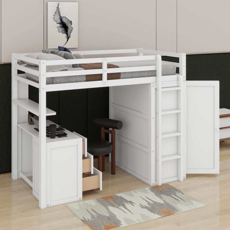 Lit mezzanine simple avec bureau, tiroirs et garde-robe, Blanc