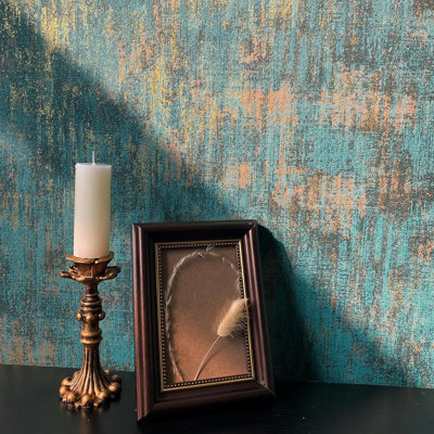 Vintage Textured Wallpaper 17.3"X 473" Non-Woven, Blue/Teal/Gold Metallic Design, Industrial Style, Non-Pasted, PVC-Free, Easy To Install