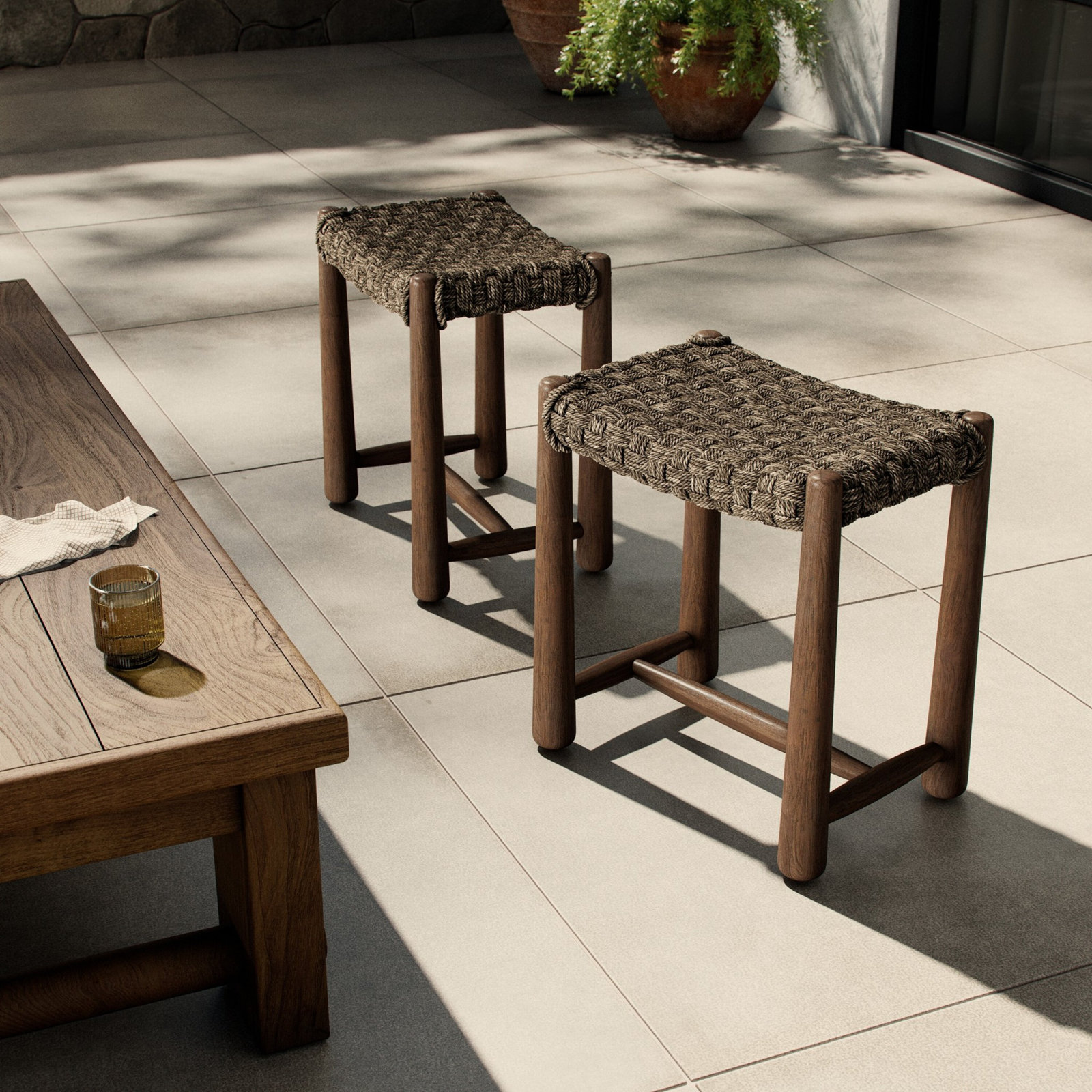 Savio Outdoor Accent Stool, Dark Textured Woven