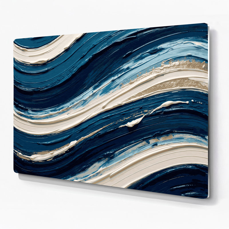 Art mural horizontal horizontal rayé bleu marine en métal ivoire, H 11 po x l 14 po