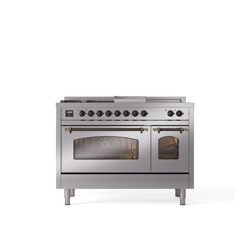 ILVE Nostalgie II Series 48 inch Dual Fuel Range with 5 Sealed Burners, Griddle, Frenchtop (Glass Door), Natural Gas