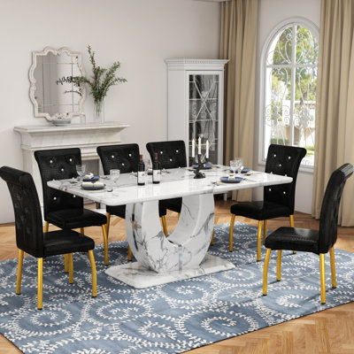 Modern 63" Faux Marble Dining Table Set with Spring-Supported PU Leather Chairs