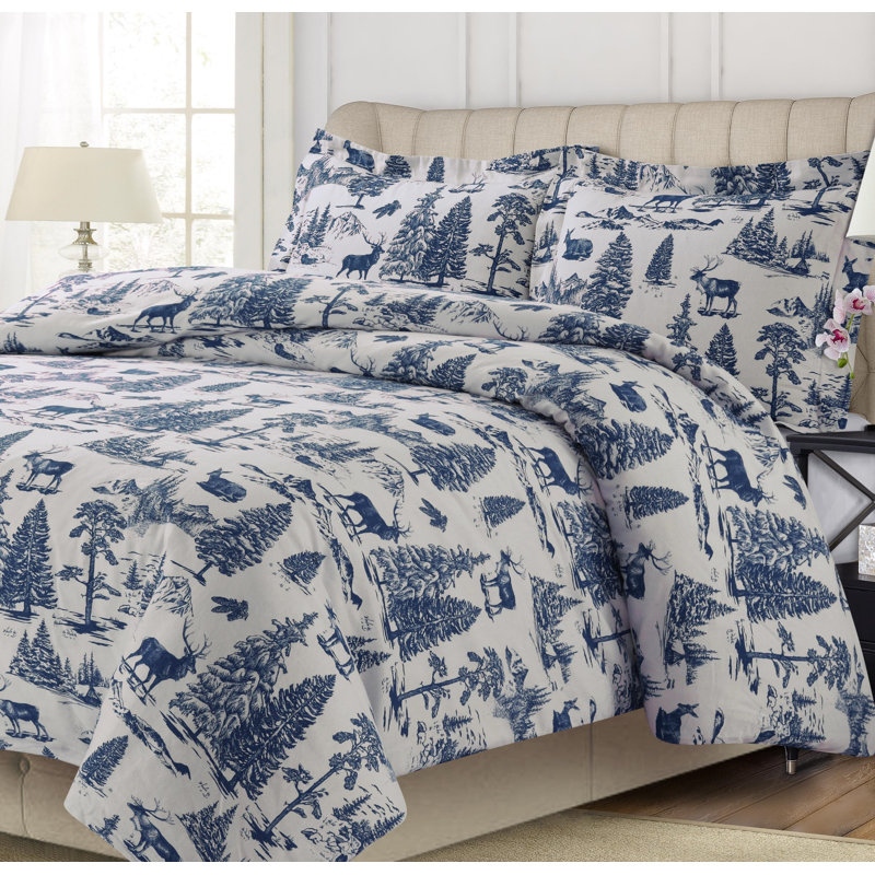 Cabin / Lodge Flannel Toile Duvet Cover, King Duvet Cover + 2 Shams, Navy Blue