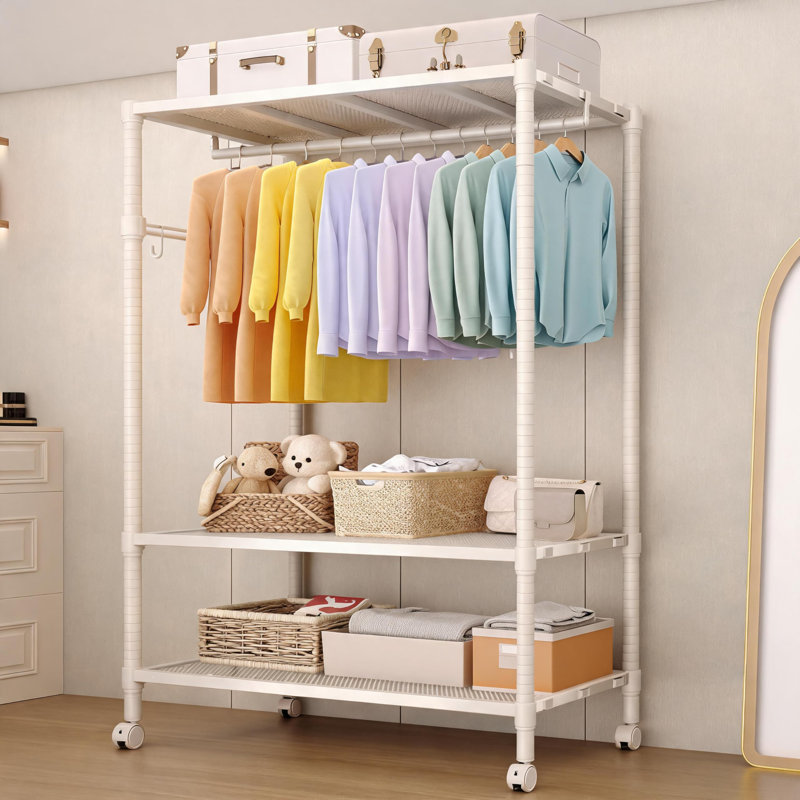 Portant à vêtements roulant, support à vêtements réglable à 3 niveaux avec tringle et crochets latéraux, support à vêtements autoportant avec roues, support à vêtements portatif pour chambre à coucher, salle de lavage et garde-robe, blanc