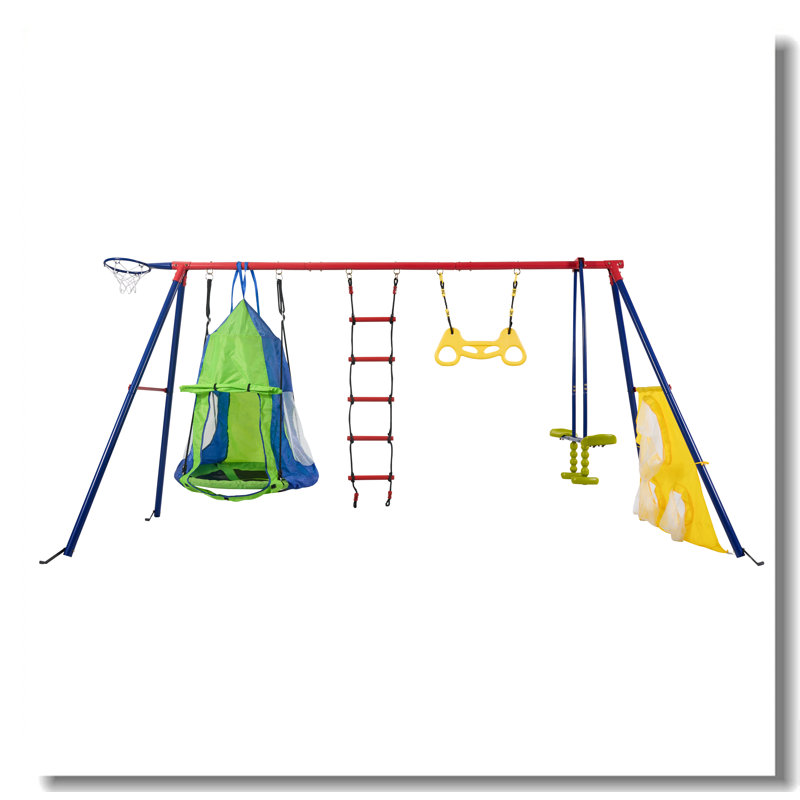 Rinbow Colour Interesting Four Function Swingset With Net Swing And Face To Face Metal Plastic Safe Swing Seat 550Lbs For Outdoor Playground For Age 3+