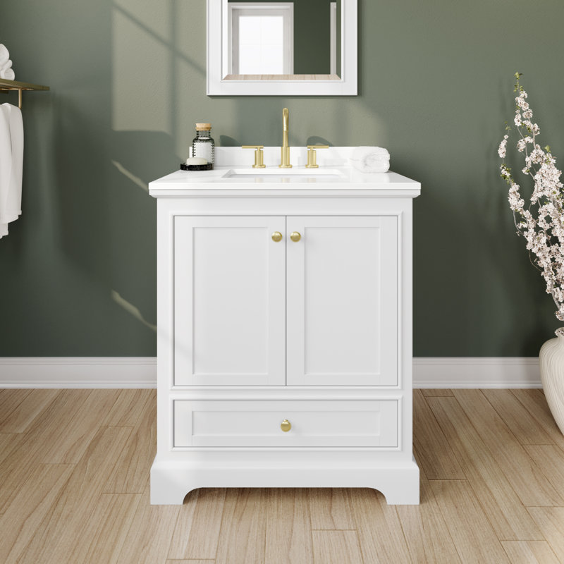 Ensemble de meuble-lavabo simple autoportant 30 po avec plateau en quartz Deborah, WDX13614, Blanc, Or brossé