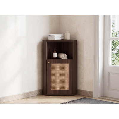 Farmhouse Corner Storage Cabinet with Rattan Barn Door