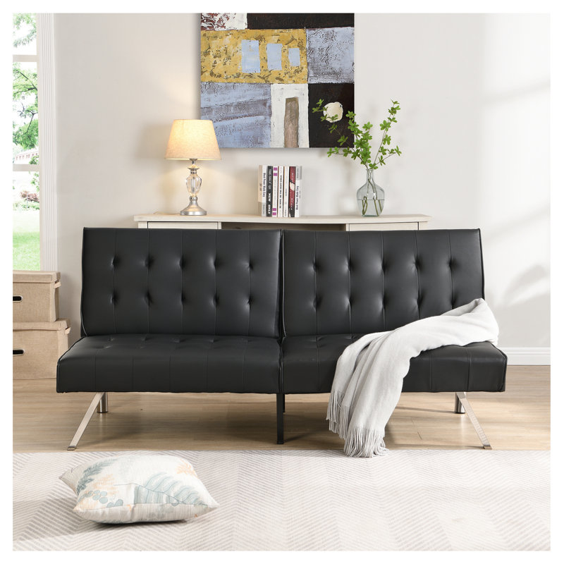  Canapé-lit en PVC noir, futon à structure en bois avec pieds en acier inoxydable, canapé-lit multifonctionnel pour salon et appartement