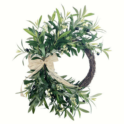 Guirlande de feuilles d'olivier artificielle de style campagnard printemps été, 60 cm / 23,62 po Guirlande saisonnière de bienvenue avec nœud en toile de jute pour jardin extérieur