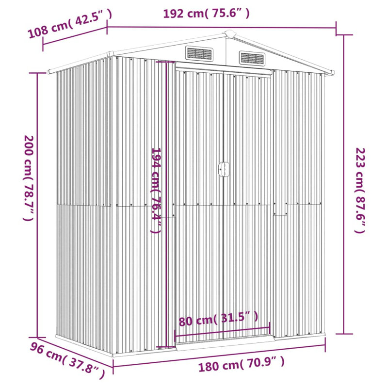 Anthracite Galvanized Steel Outdoor Storage Shed 75.6" x 42.5" x 87.8"