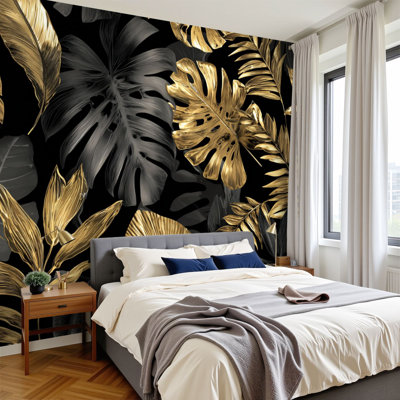 Peel and Stick Wallpaper 144" W x 100" H Modern Self Adhesive Wall Mural for Bedroom seamless gold black tropical leaves dark Exotic botanical design for