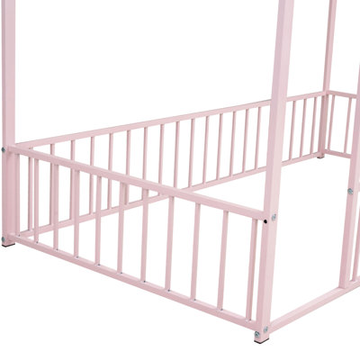 Twin Size Metal Playhouse Bed With Fence For - Pink, & Cozy ' Pink With Fenced Play Area, Encouraging Activity