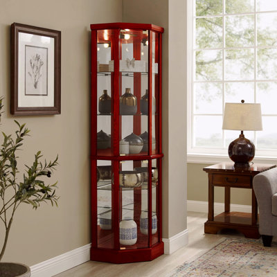 Armoire d'angle, en verre, 6 tablettes, éclairée par des tablettes trempées réglables et un dossier en miroir
