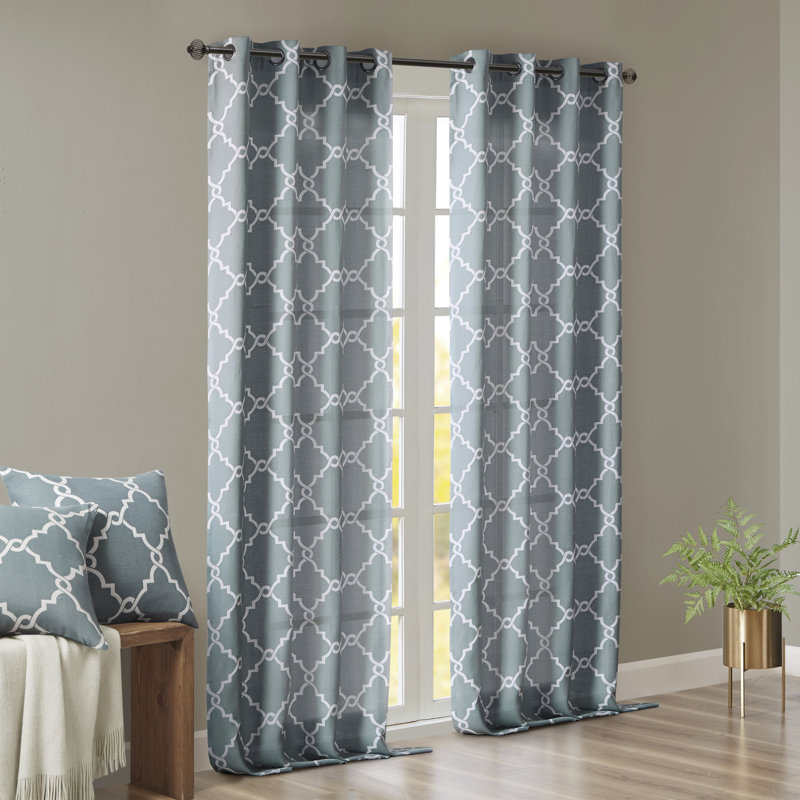 Blue Cotton Blend Light Filtering Grommet Curtains
