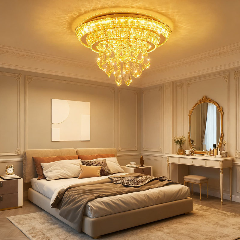 18 Inch Flush Mount Crystal Chandelier With Remote Control, Dimmable 3-Color LED Ceiling Light Fixture For Living Room, Bedroom, Dining Room