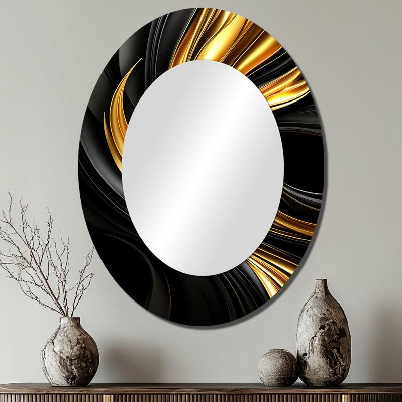 Abstract Liquid Gold And Black Swirl - Gold Oval Wall Mirror Decor, 40" x 30"