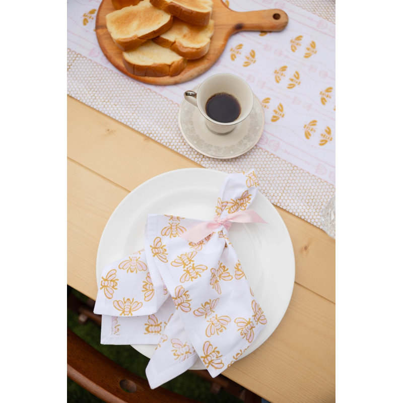 Serviette de table biologique S / 4 - Abeille - rose et moutarde