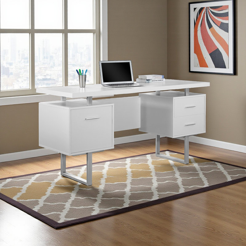 Bureau d'ordinateur à 2 tiroirs et 1 classeur Leaf blanc H 30,01 po x l 59,87 po x P 23,58 po, Blanc