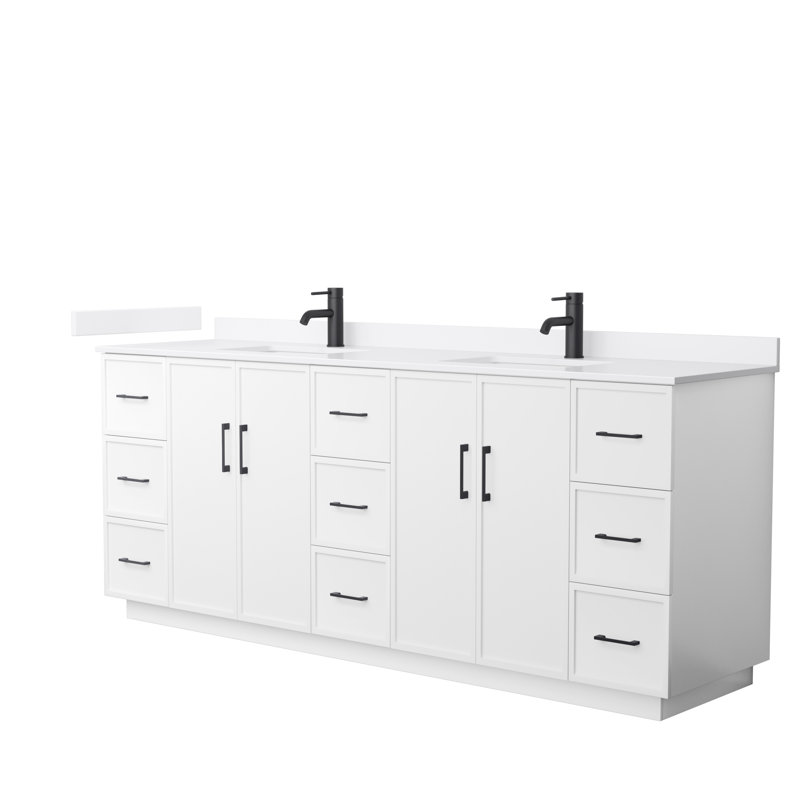 Elan TK 84" Freestanding Double Bathroom Vanity with Cultured Marble Top, White, White Cultured Marble, Matte Black