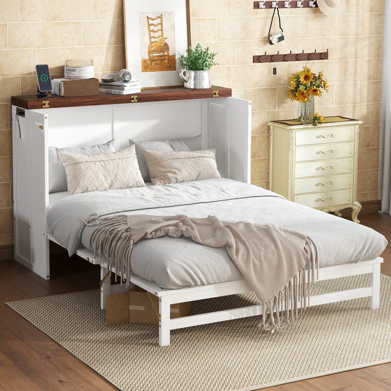 Armoire de lit escamotable complète avec tiroir de rangement et station de charge, port USB, cadre de lit escamotable en pin massif pour bureau à domicile, studio ou chambre d'amis, noyer blanc