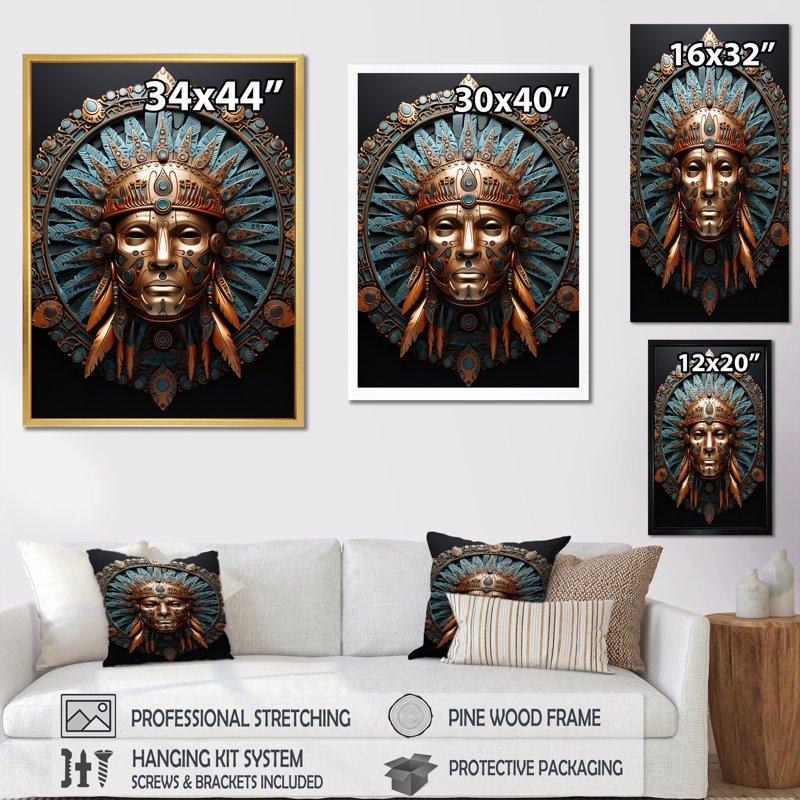 " Emerald And Black Native Warrior Mask ", Black Floater Framed, 20" H x 12" W x 1" D
